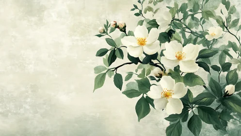 Soft white blossoms drifting gently across calm green.