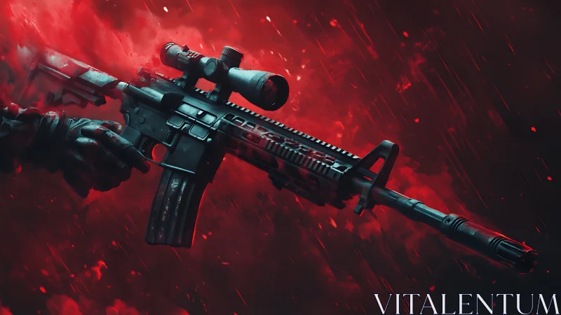 Scoped tactical rifle in red smoke with gloved grip.
