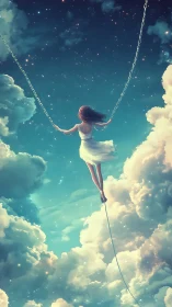 Girl on celestial swing suspended in luminous cloudscape