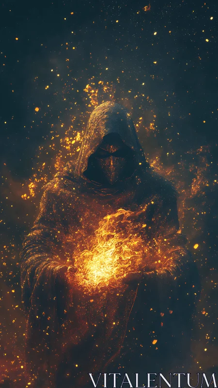 Hooded pyromancer conjuring incandescent plasma sphere.