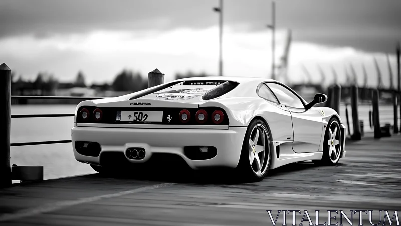 White Ferrari sports car on waterfront boardwalk at dusk.