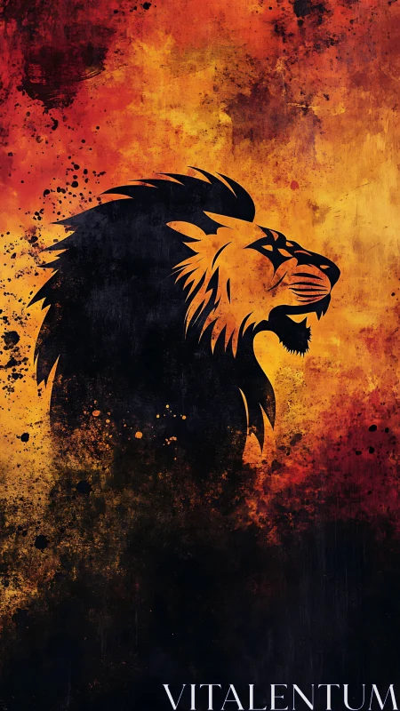 Roaring silhouette lion crowned in molten sunset firestorm.