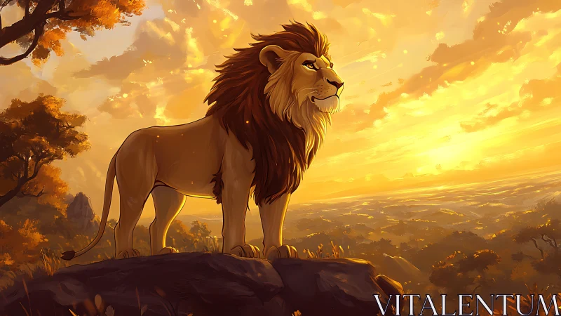 Lion surveys glowing savanna horizon under blazing sunset sky