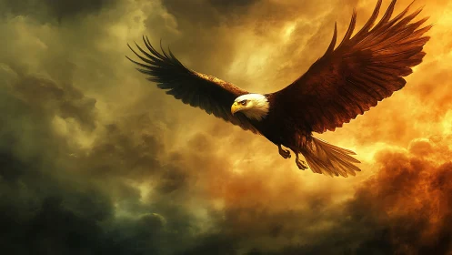 Majestic Bald Eagle Soaring Over Dramatic Fiery Sky in Digital Art.