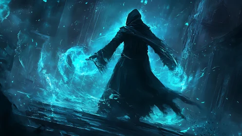 Digital painting of arcane mage with cyan energy vortexes.