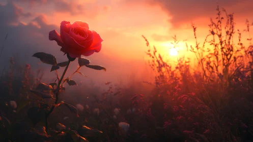 Solitary red rose catches low sunset light over meadow