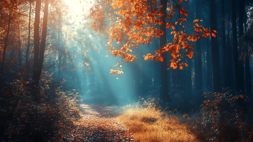 Autumn Forest Pathway: Luminous Canopy Interplay.