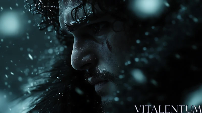 Brooding warrior profile in blizzard-lit close-up portrait.