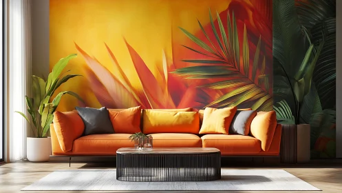 Interior rendering shows sofa before tropical gradient mural