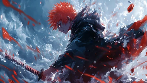 Red haired swordsman charges through swirling ice and fire