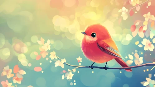 Cute Red Bird on Blossom Branch in Soft Pastel Digital Art.