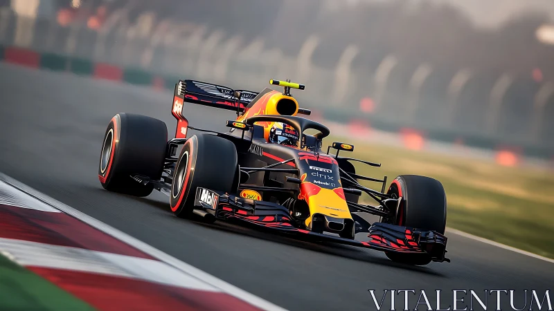 Scarlet-black rocket slingshots through the sunlit chicane