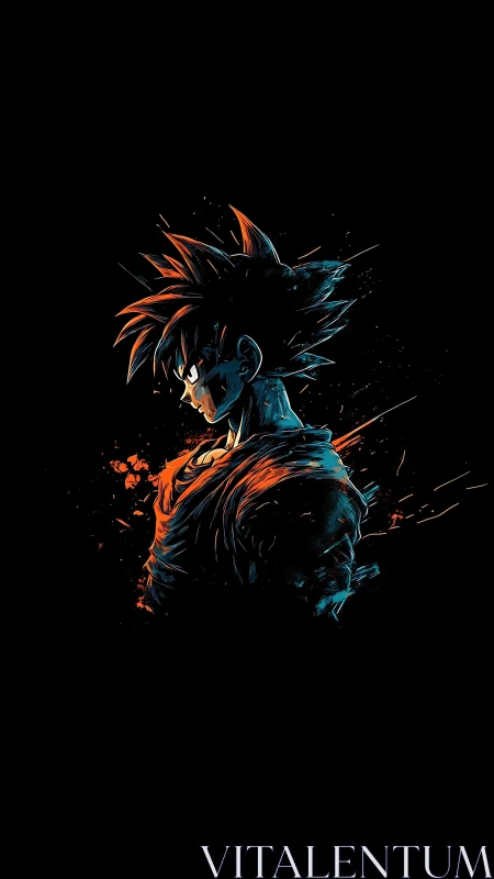 Fiery anime warrior glows against a stark black void