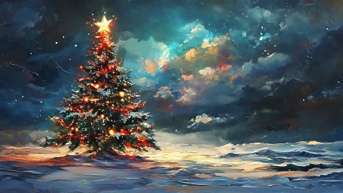 Star-crowned winter tree glowing against stormy auroras.