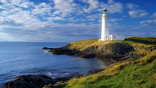 White lighthouse structure situated on coastal headland with rocky outcrops.