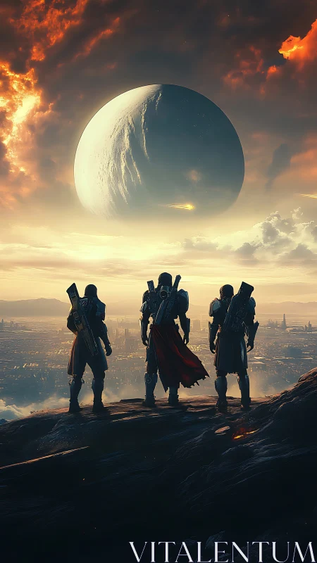 Three armored soldiers watch distant planet over cityscape.