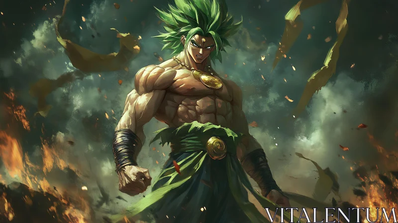 Storm-lit green-haired warrior stands in blazing battlefield.