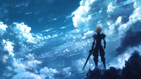 Sword-bearer waits where storm-dark clouds meet sunlit sky