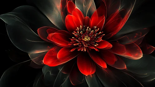 Luminous red fractal flower radiates from dark background