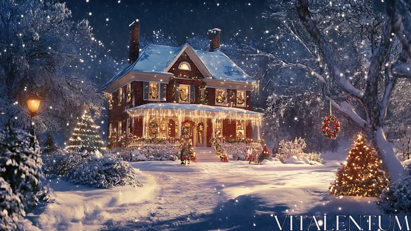 Photorealistic snow-laden Christmas house with festive lighting.