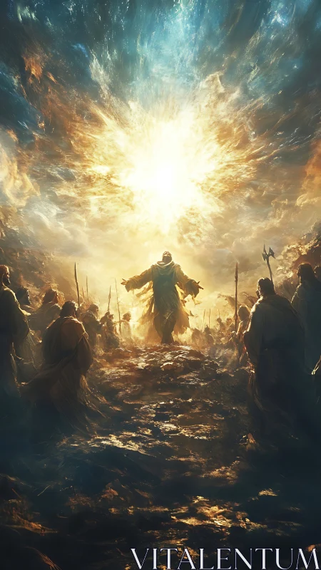 Radiant leader walks toward a sky blazing with wonder.