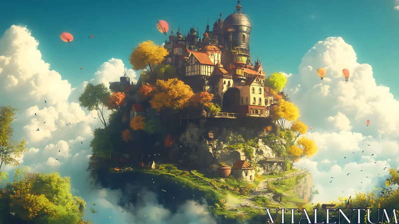 Floating hillside village basking in golden autumn light.