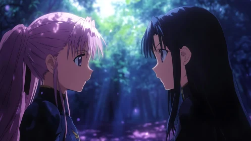 Two anime girls in forest clearing under diffuse violet light