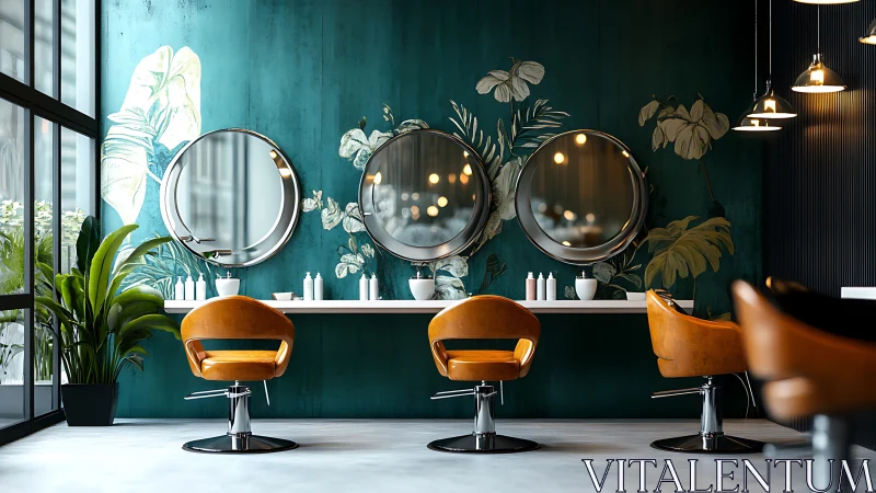 Contemporary salon interior uses teal wall, circular mirrors, warm leather chairs