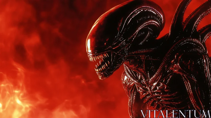 Nightmarish xenomorph stalks through blazing red inferno.