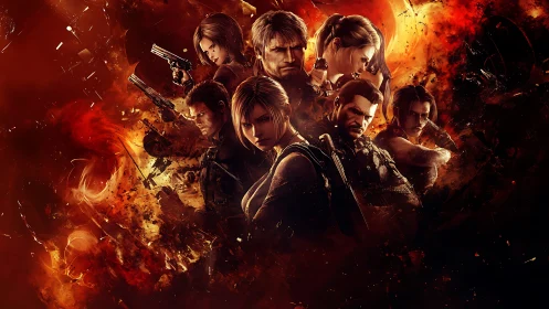 Intense armed heroes in fiery cinematic digital montage.