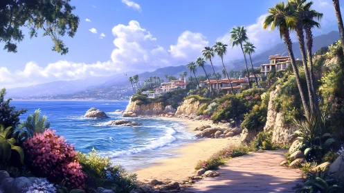 Coastal Estate Landscape With Palm Trees, Beach, and Mountain Backdrop