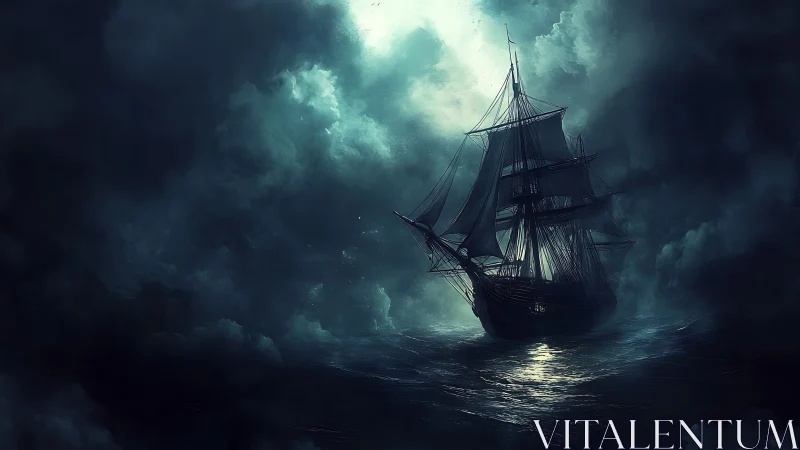 Moonlit tall ship braving stormy seas with quiet courage.