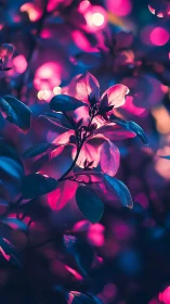 Chromatic bokeh-illuminated foliage under neon-spectrum light.