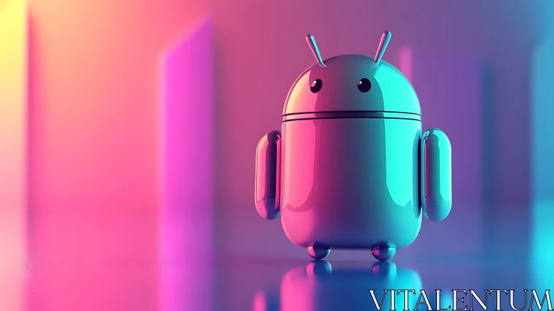 Glossy android robot stands on reflective neon gradient surface