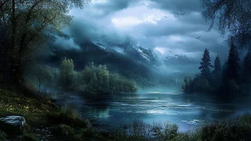 Moonlit mist over a quiet mountain lake at blue hour.