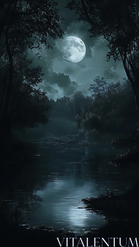 Full moon illuminates still river through dense forest night