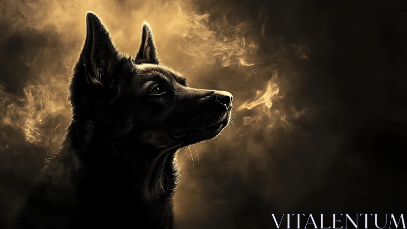 Luminous canine profile amid swirling golden smoke haze.