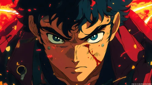 Close frontal anime portrait of injured male fighter figure.