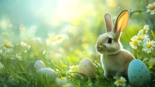 Small rabbit sits in grass among colored eggs and daisies