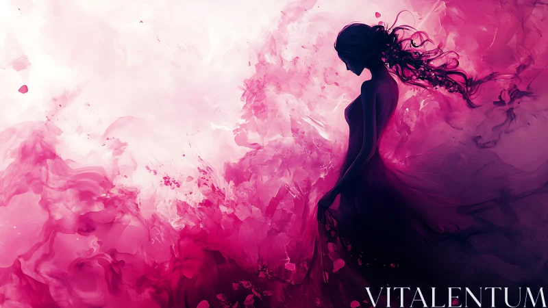 Silhouetted woman in flowing magenta abstraction.
