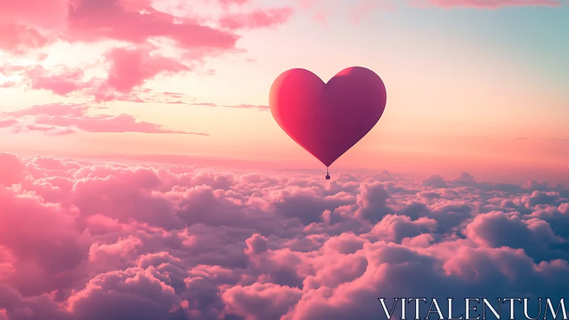 Heart-shaped hot air balloon ascending through stratocumulus cloud formations at golden hour.