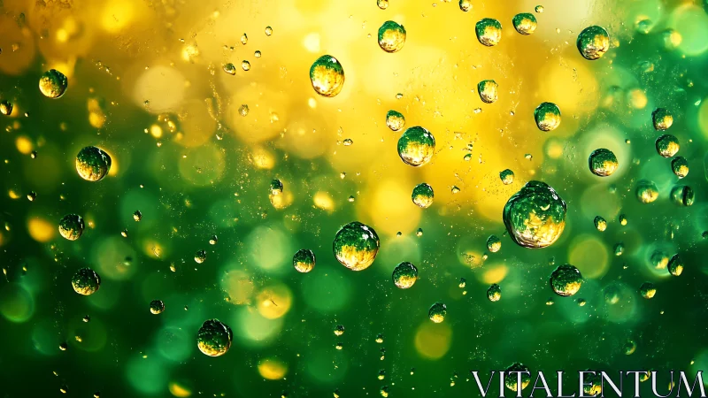 Emerald droplets drift through golden light like tiny worlds.