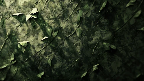 Textured green surface with scattered leaves in relief.
