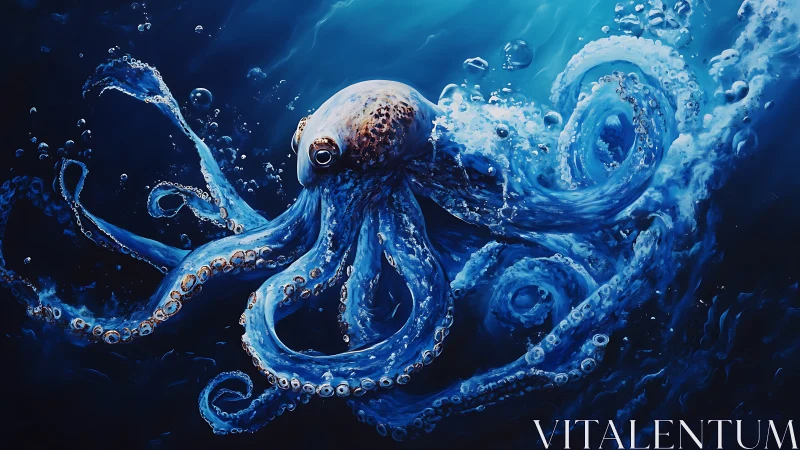 Octopus in dynamic underwater motion with dispersed bubbles.