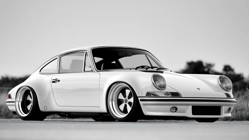 White classic sports coupe with wide stance on open road.