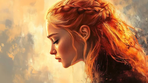 Ember-haired daydreamer in quiet, golden-breath stillness.