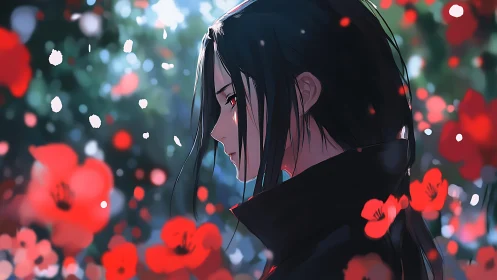 Side profile of somber anime character in red flowers.