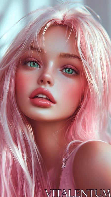 Digital portrait of girl with pink hair and teal eyes.
