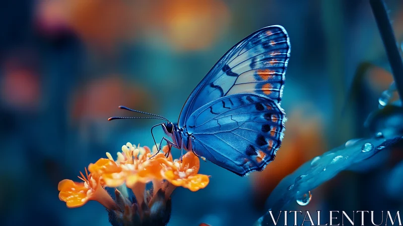 Macro study of blue butterfly on orange bloom with shallow DOF