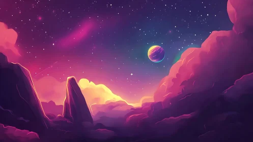 Alien landscape shows glowing horizon beneath distant planet